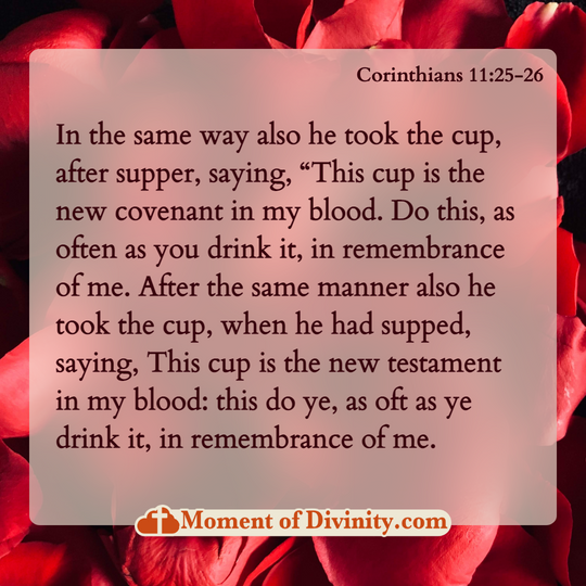 In the same way also he took the cup, after supper, saying, “This cup is the new covenant in my blood. Do this, as often as you drink it, in remembrance of me. After the same manner also he took the cup, when he had supped, saying, This cup is the new testament in my blood: this do ye, as oft as ye drink it, in remembrance of me.